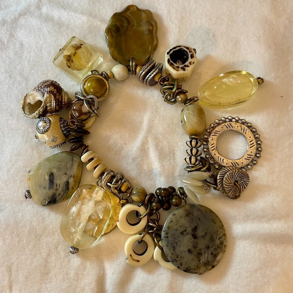 Boho Beach chic charm bracelet elastic band with stones, silver charms, shells